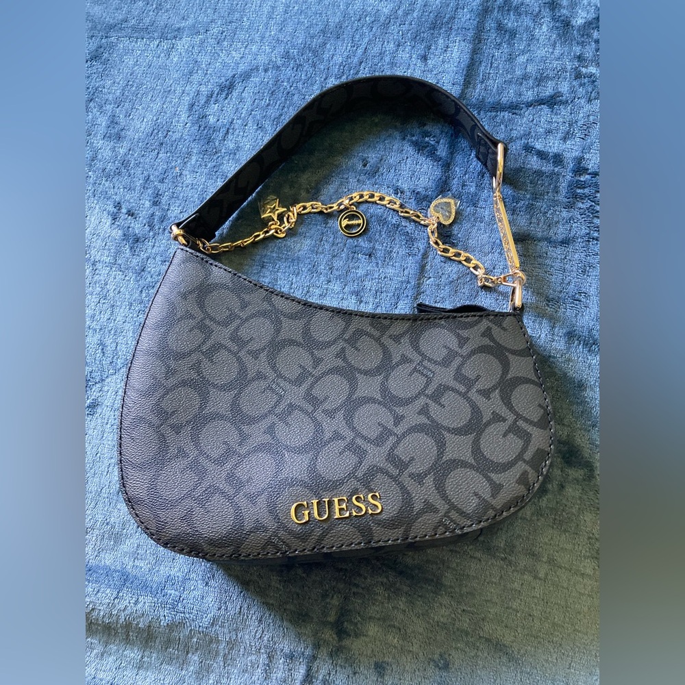 Guess Black Monogram Shoulder Bag with Gold Chain Accents, new without tags